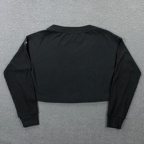 ALO Muse Ribbed V-Neck Pullover Top size Large Knit Crop Black Logo Sweater - Picture 4 of 10